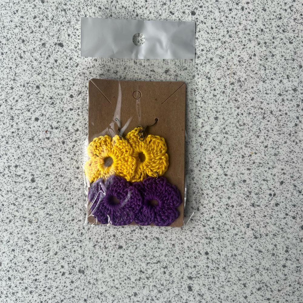 Crochet Yellow and Purple Floral Earrings